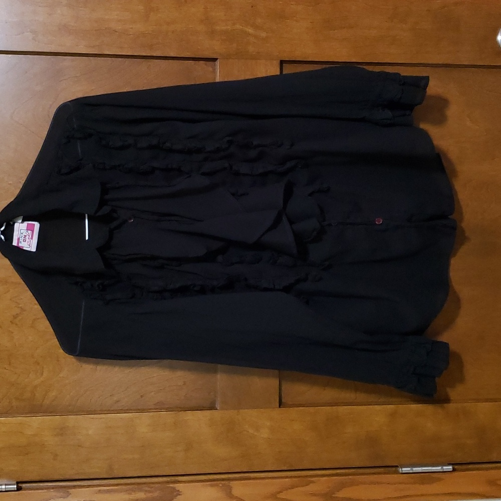 Sheer black button down shirt with ruffled chest and cuffs.Bin#8